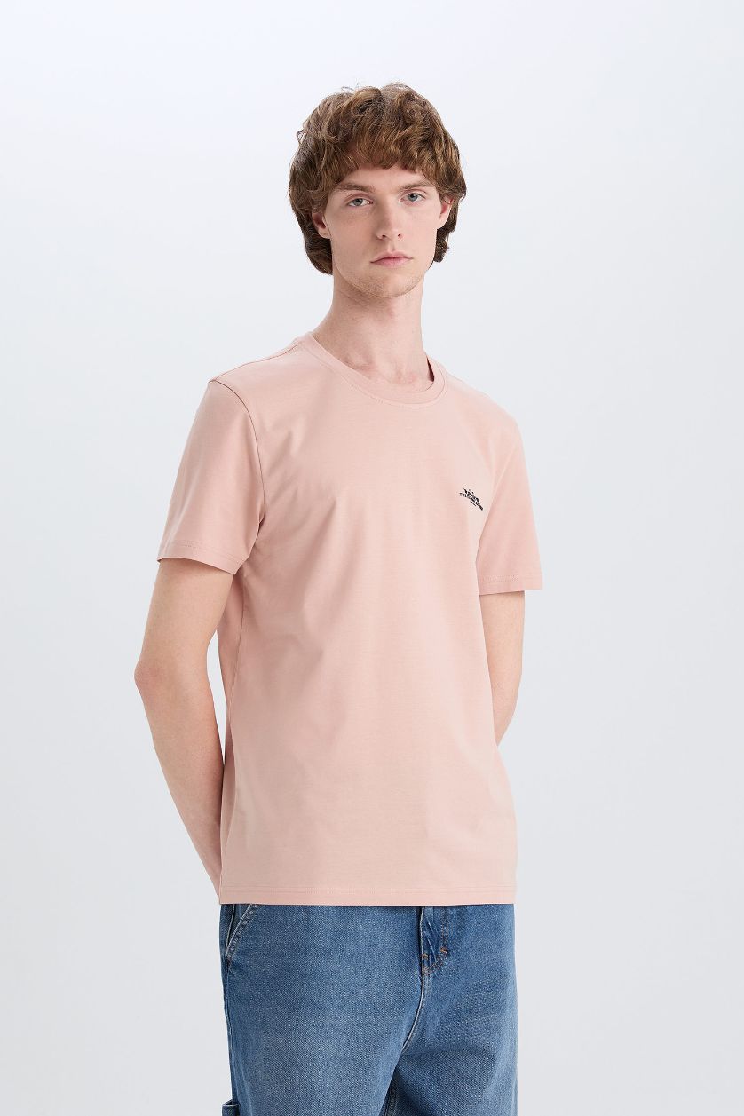 MAN Beige Cotton Slim Fit Crew Neck Printed Short Sleeve T-Shirt