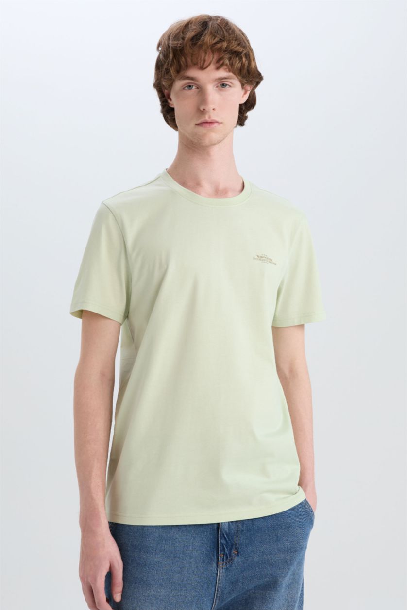 MAN Light Green Cotton Slim Fit Crew Neck Printed Short Sleeve T-Shirt