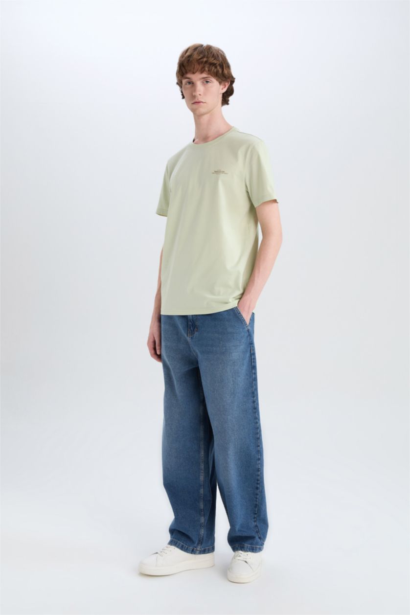 MAN Light Green Cotton Slim Fit Crew Neck Printed Short Sleeve T-Shirt