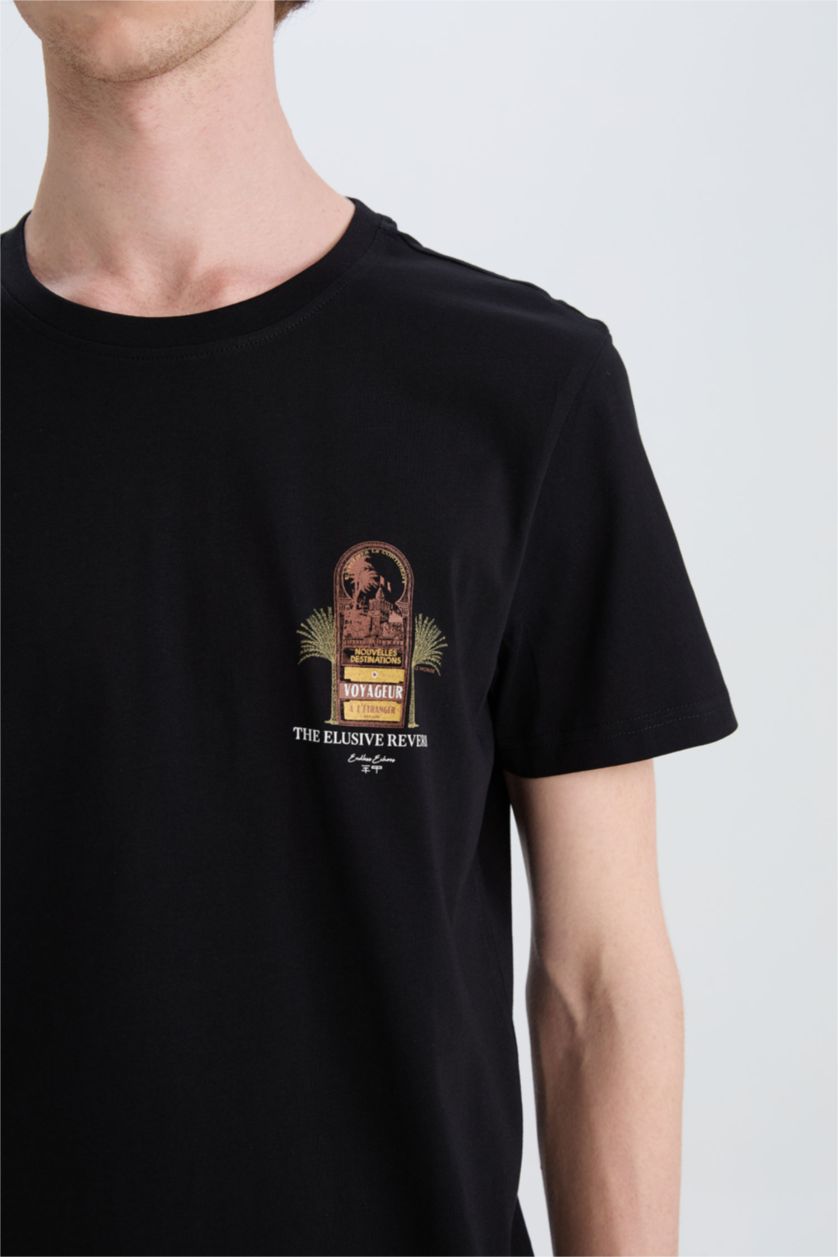 رجالي أسود تيشيرت قطن سليم فيت مطبوع برقبة مستديرة