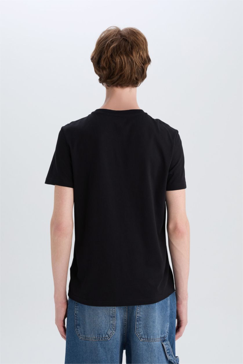 رجالي أسود تيشيرت قطن سليم فيت مطبوع برقبة مستديرة