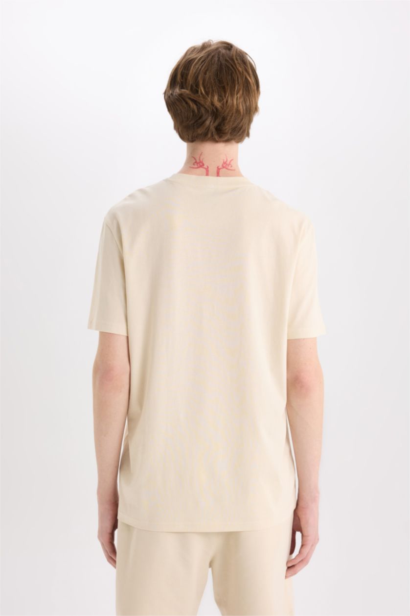 رجالي اللون الرملي تيشيرت قطن قصة عادية مطبوع برقبة مستديرة