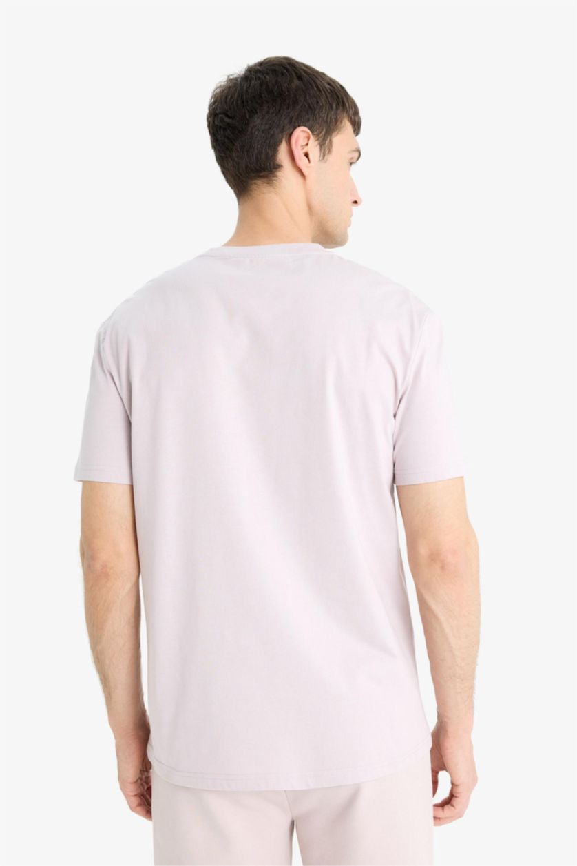 Man Light Lilac Regular Fit Crew Neck Printed Cotton T-Shirt