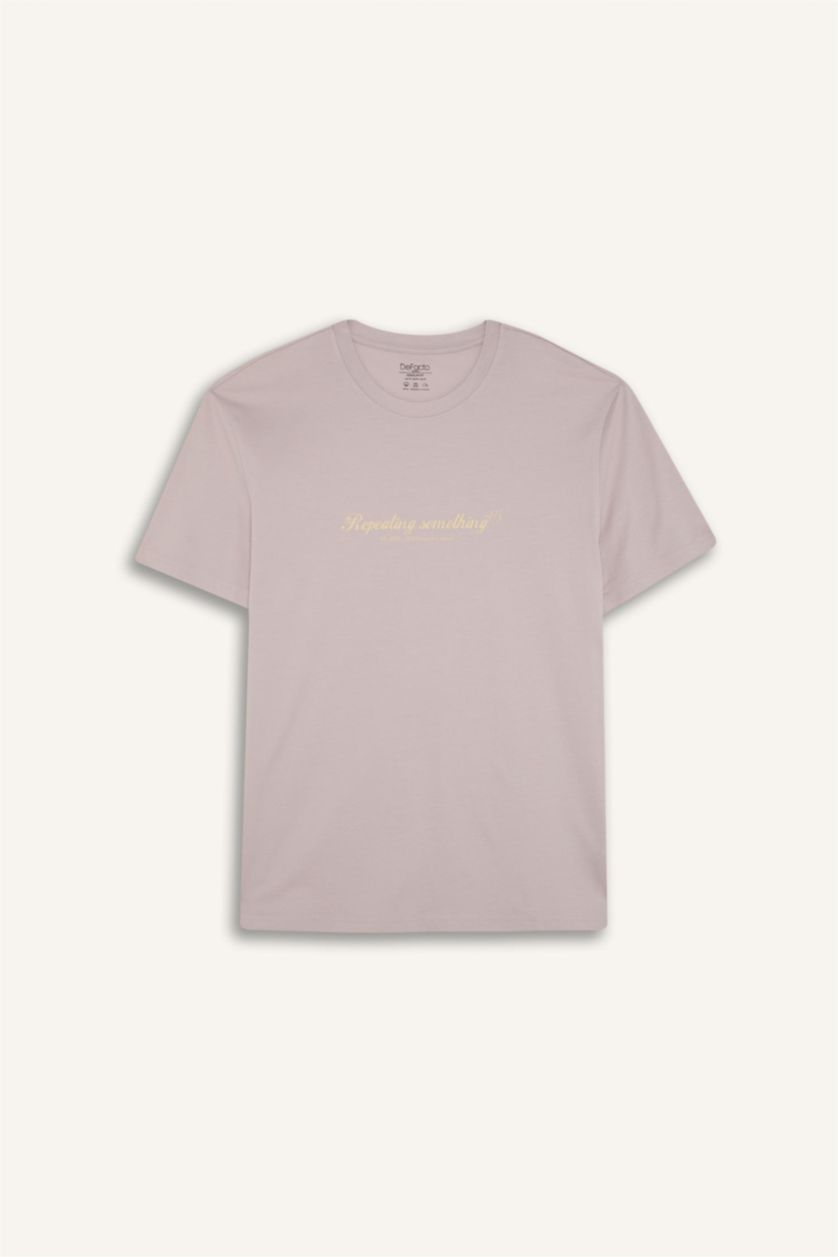 Man Light Lilac Regular Fit Crew Neck Printed Cotton T-Shirt