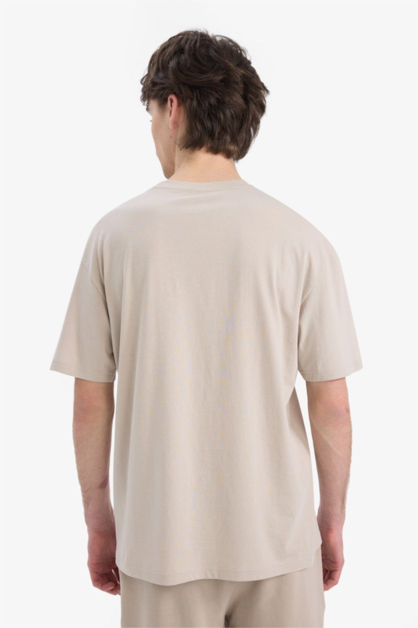 Erkek Kum %100 Pamuk Regular Fit Bisiklet Yaka Baskılı Kısa Kollu Tişört