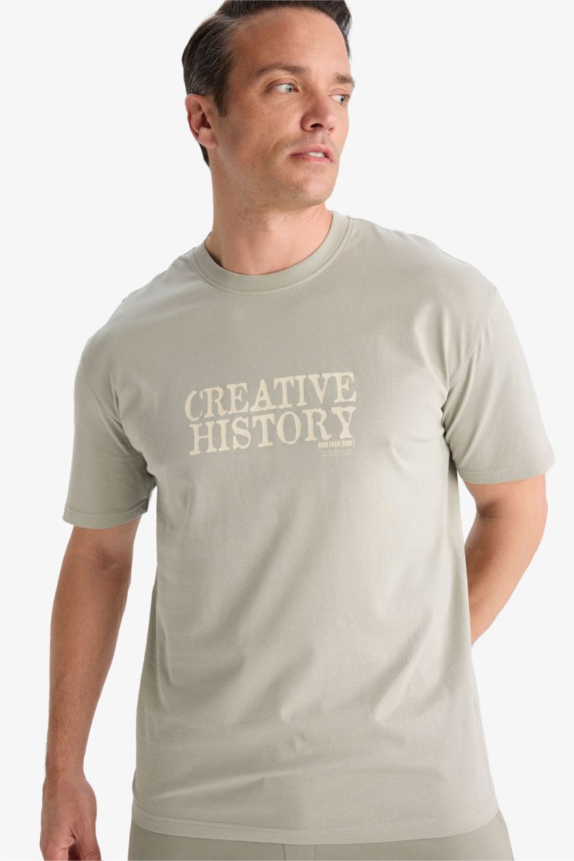 Erkek Açık Haki %100 Pamuk Regular Fit Bisiklet Yaka Baskılı Kısa Kollu Tişört