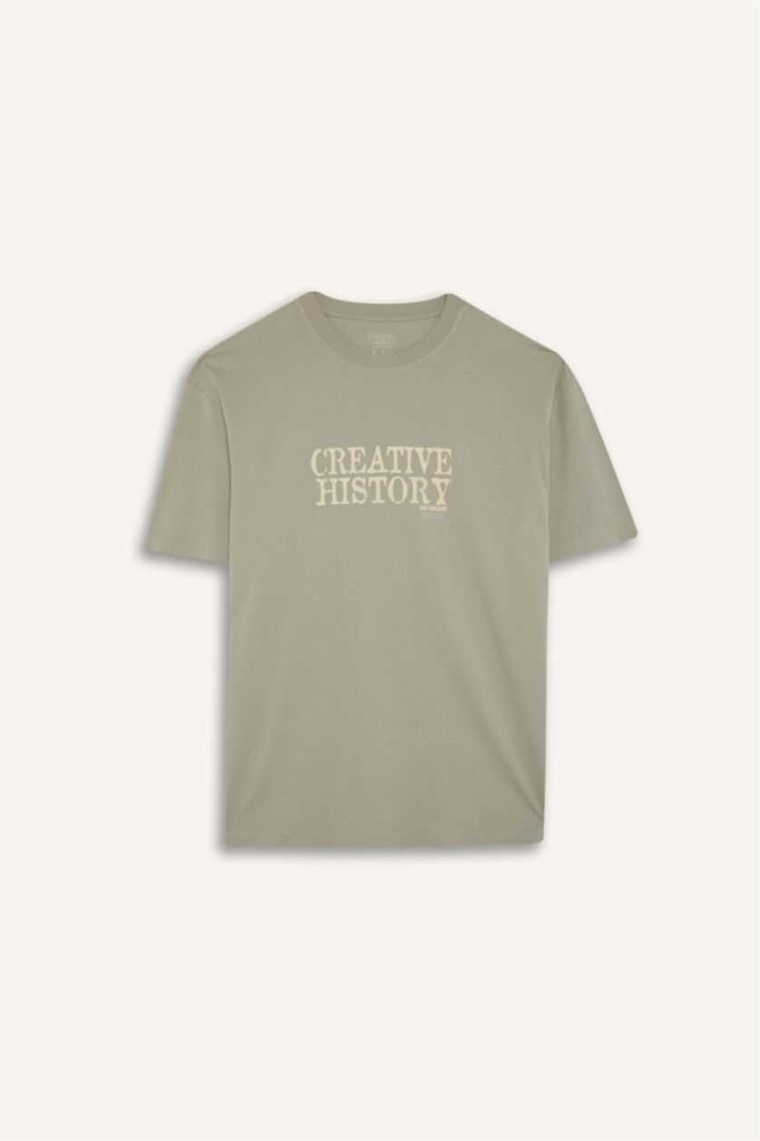 Erkek Açık Haki %100 Pamuk Regular Fit Bisiklet Yaka Baskılı Kısa Kollu Tişört