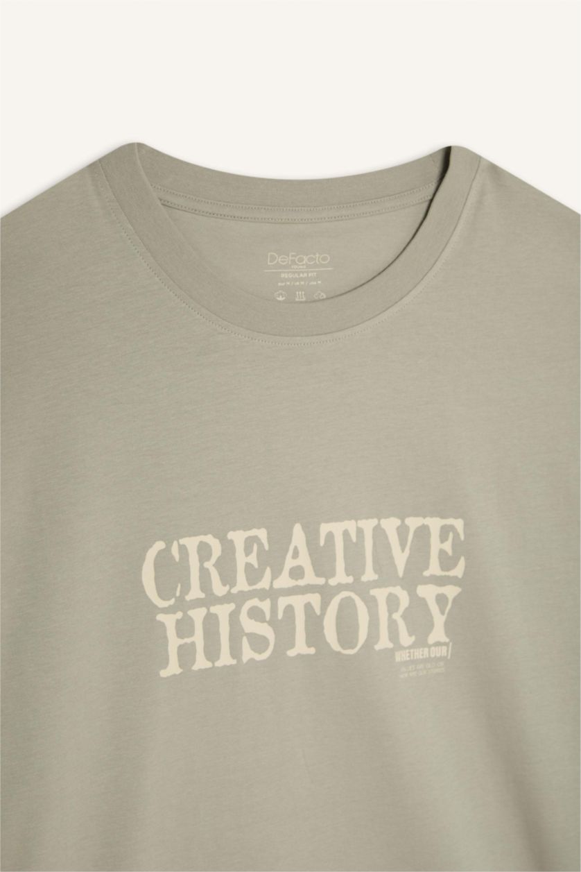 Erkek Açık Haki %100 Pamuk Regular Fit Bisiklet Yaka Baskılı Kısa Kollu Tişört