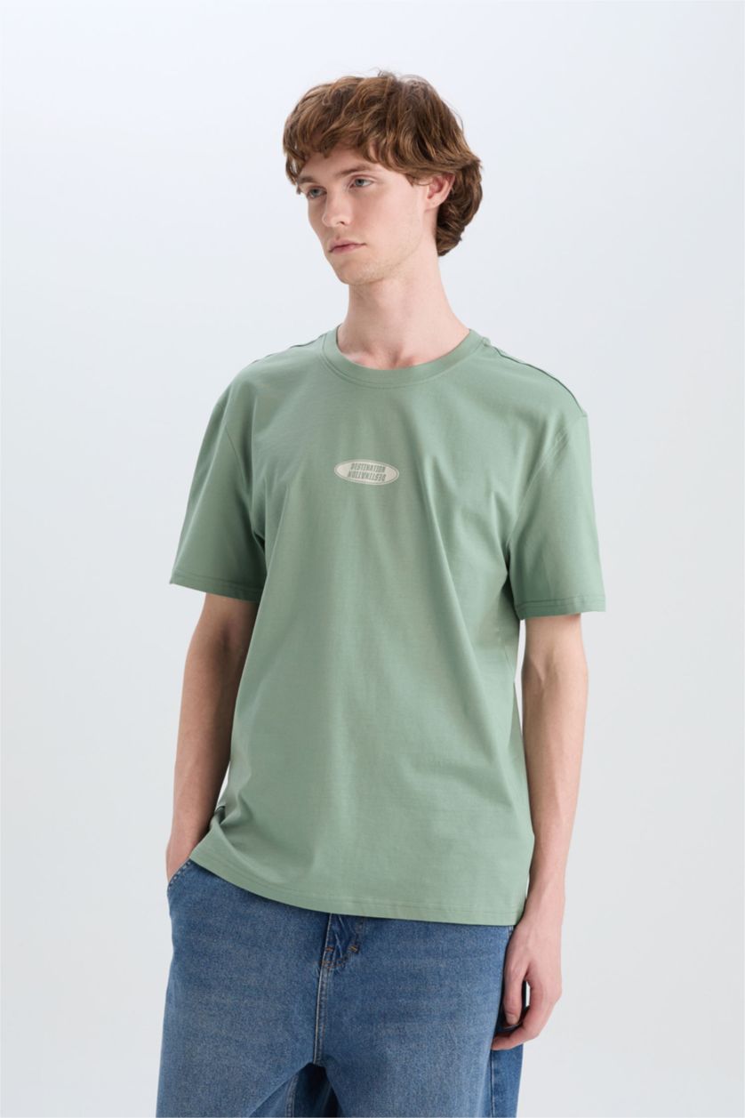 MAN Light Green Cotton Regular Fit Crew Neck Printed T-Shirt