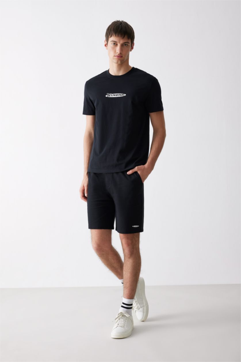 Erkek Siyah %100 Pamuk Regular Fit Bisiklet Yaka Baskılı Kısa Kollu Tişört