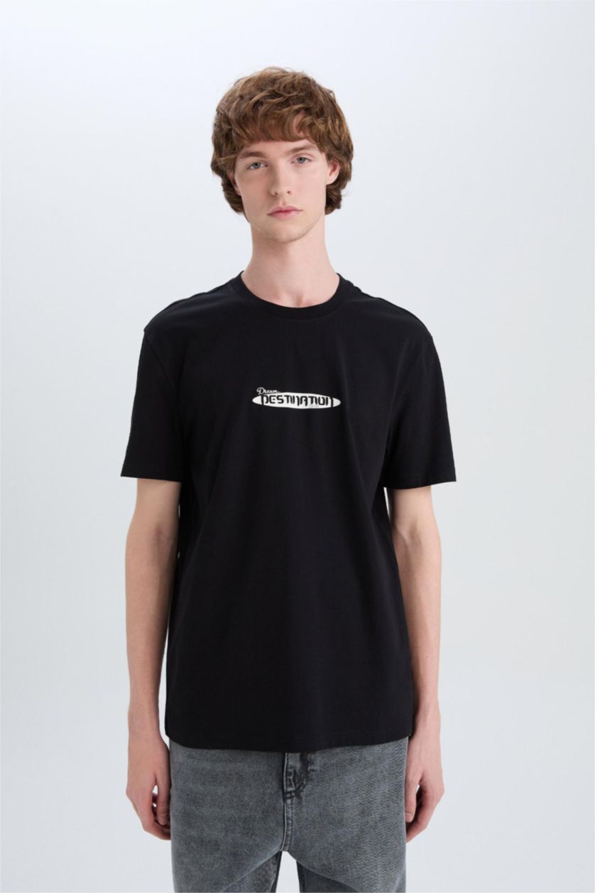 Erkek Siyah %100 Pamuk Regular Fit Bisiklet Yaka Baskılı Kısa Kollu Tişört