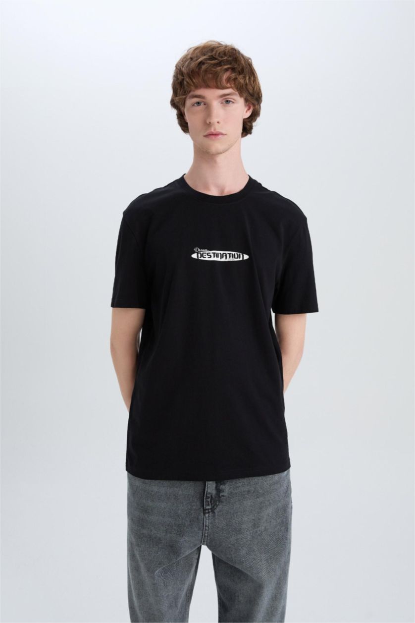 Erkek Siyah %100 Pamuk Regular Fit Bisiklet Yaka Baskılı Kısa Kollu Tişört