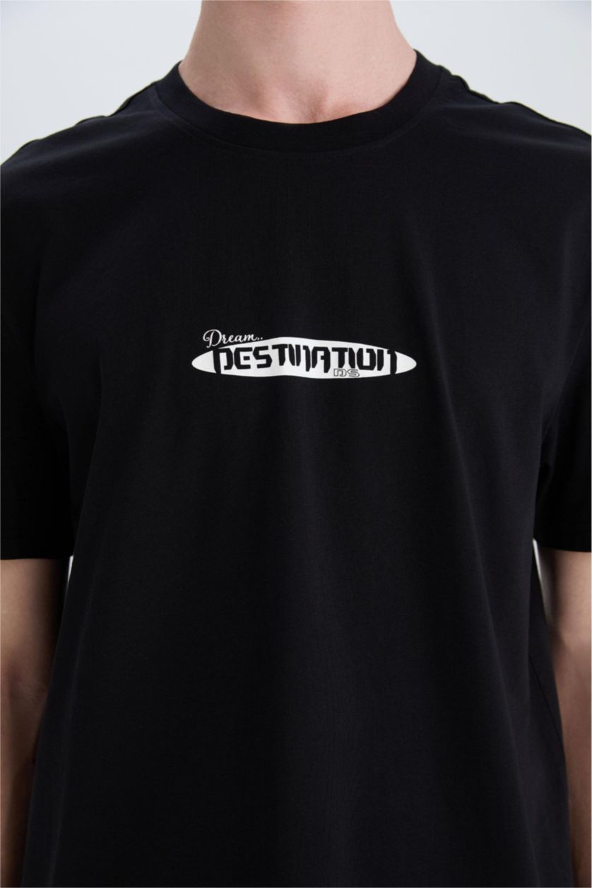 Erkek Siyah %100 Pamuk Regular Fit Bisiklet Yaka Baskılı Kısa Kollu Tişört