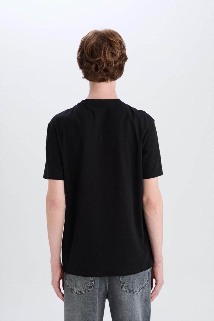 Erkek Siyah %100 Pamuk Regular Fit Bisiklet Yaka Baskılı Kısa Kollu Tişört