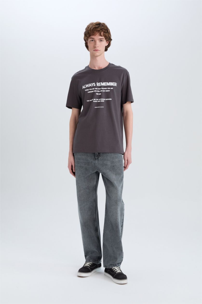 رجالي أنثرا تيشيرت قطن قصة عادية برقبة مستديرة