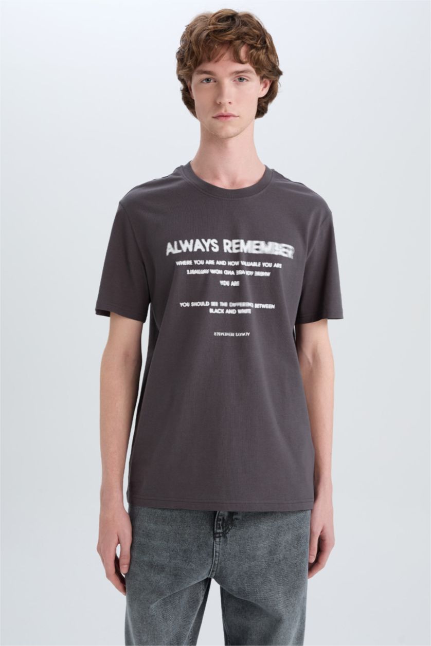 رجالي أنثرا تيشيرت قطن قصة عادية برقبة مستديرة