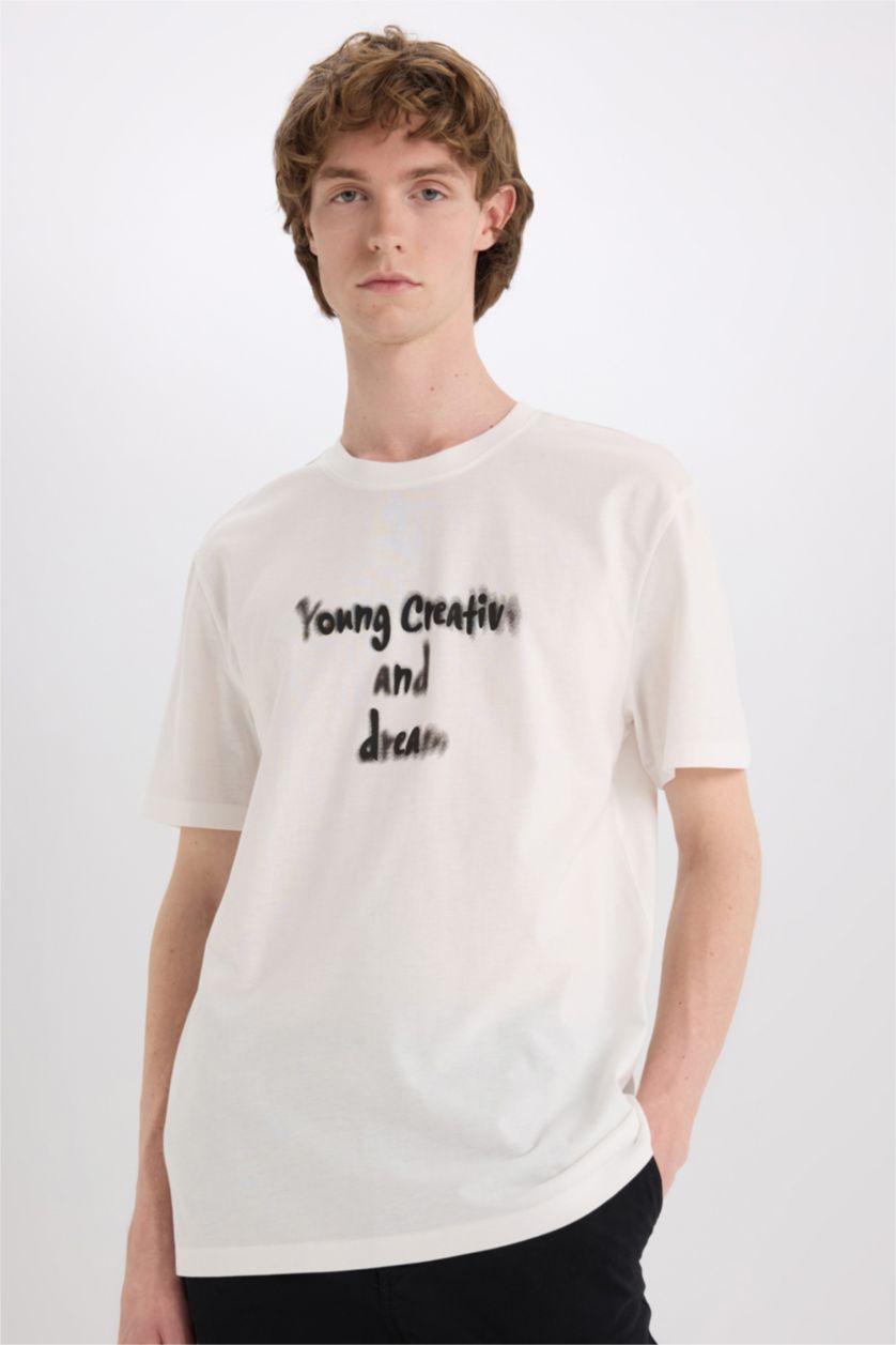 رجالي بيج فاتح تيشيرت قطن قصة عادية مطبوع برقبة مستديرة