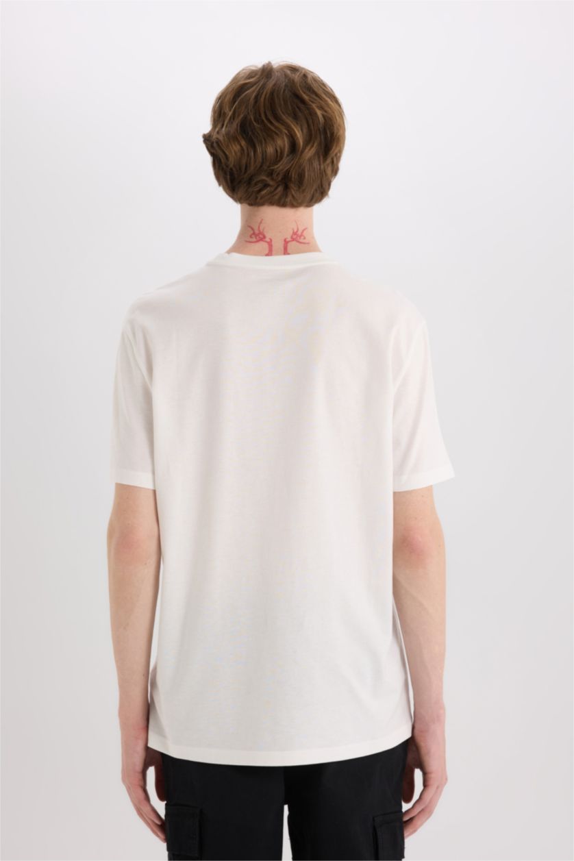 رجالي بيج فاتح تيشيرت قطن قصة عادية مطبوع برقبة مستديرة