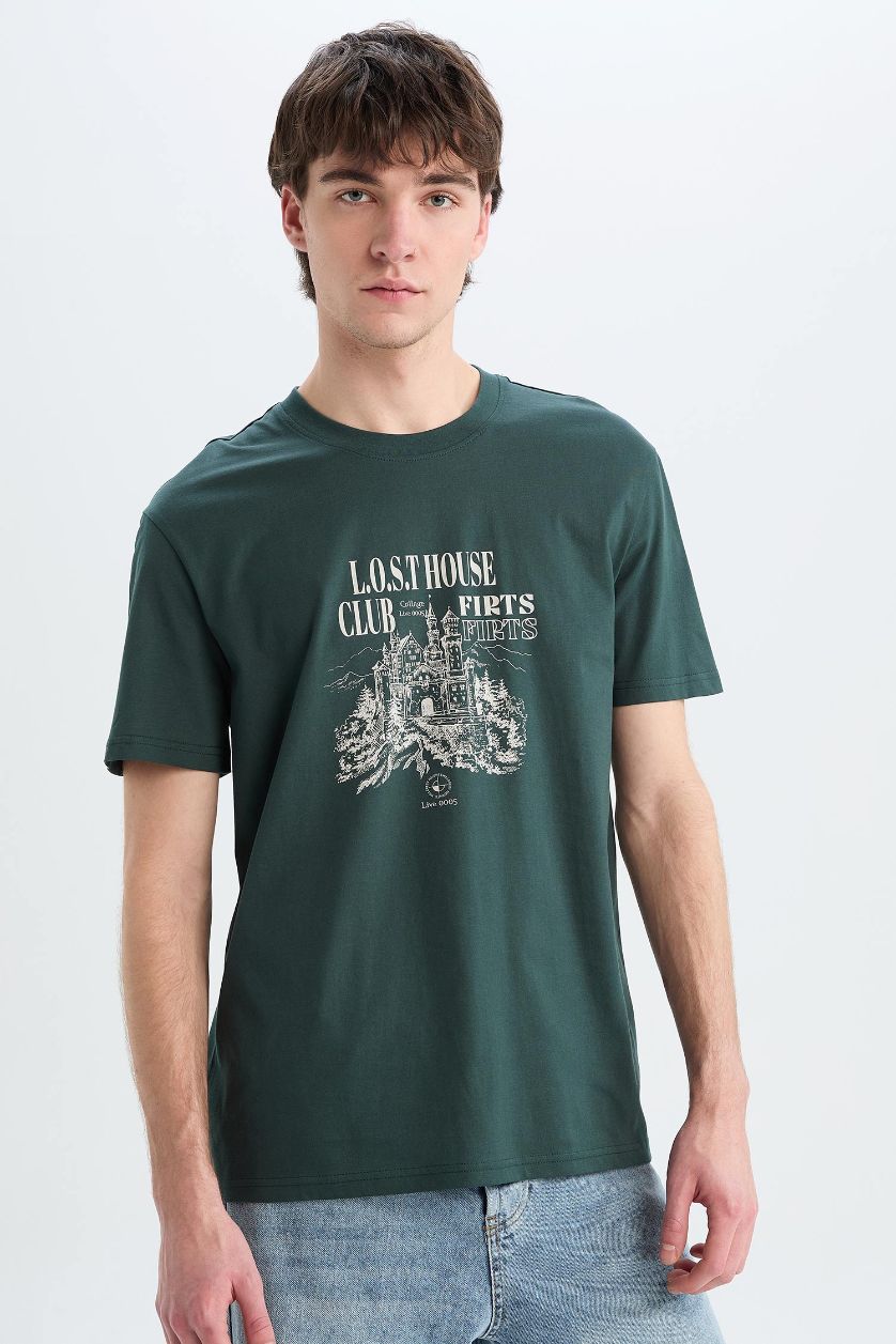 Erkek Koyu Yeşil %100 Pamuk Regular Fit Bisiklet Yaka Baskılı Kısa Kollu Tişört