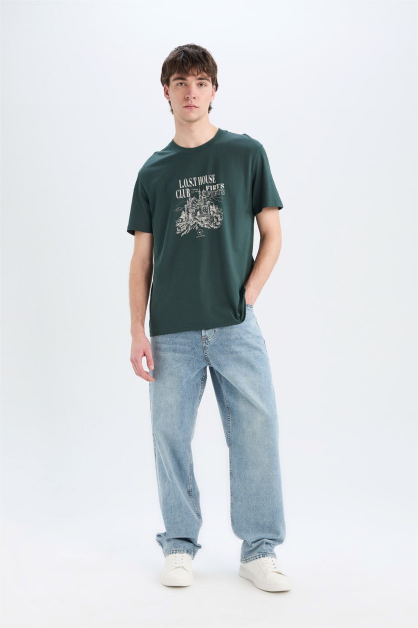 Erkek Koyu Yeşil %100 Pamuk Regular Fit Bisiklet Yaka Baskılı Kısa Kollu Tişört