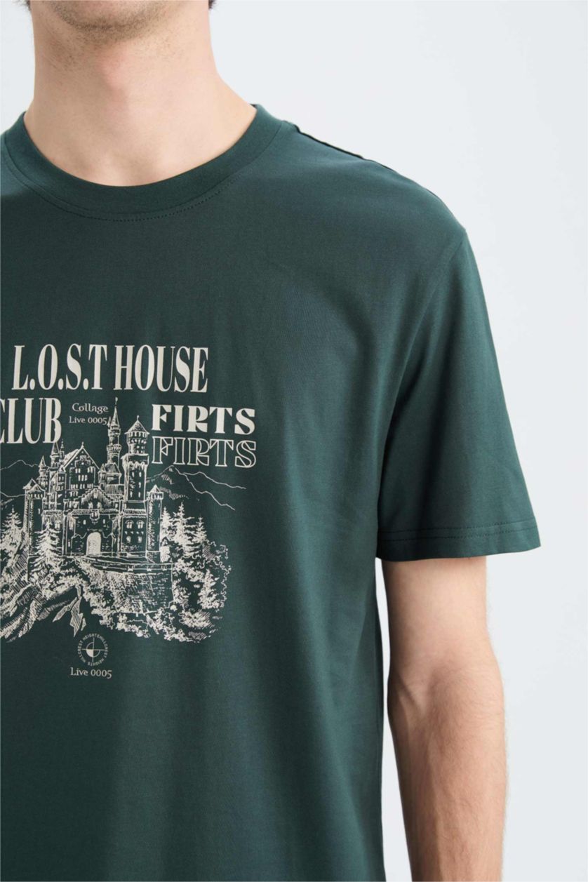 Erkek Koyu Yeşil %100 Pamuk Regular Fit Bisiklet Yaka Baskılı Kısa Kollu Tişört