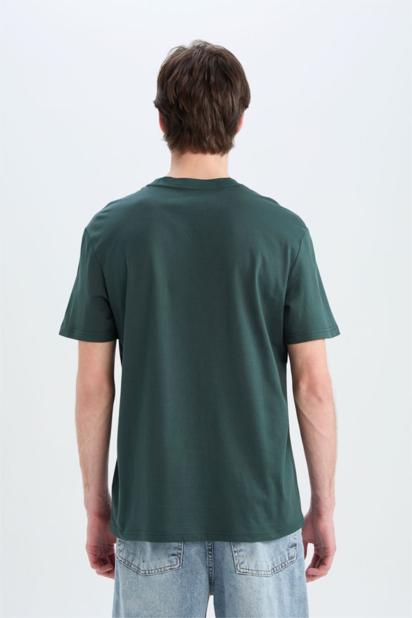 Erkek Koyu Yeşil %100 Pamuk Regular Fit Bisiklet Yaka Baskılı Kısa Kollu Tişört