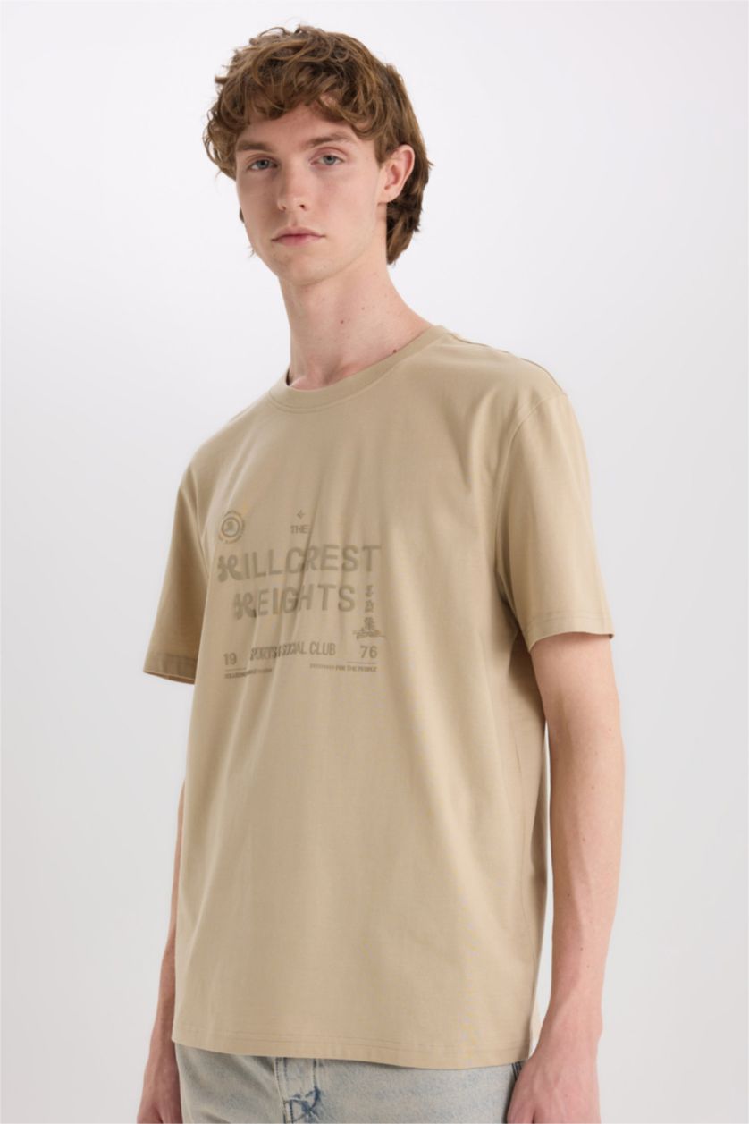 MAN Beige Cotton Regular Fit Crew Neck Printed T-Shirt