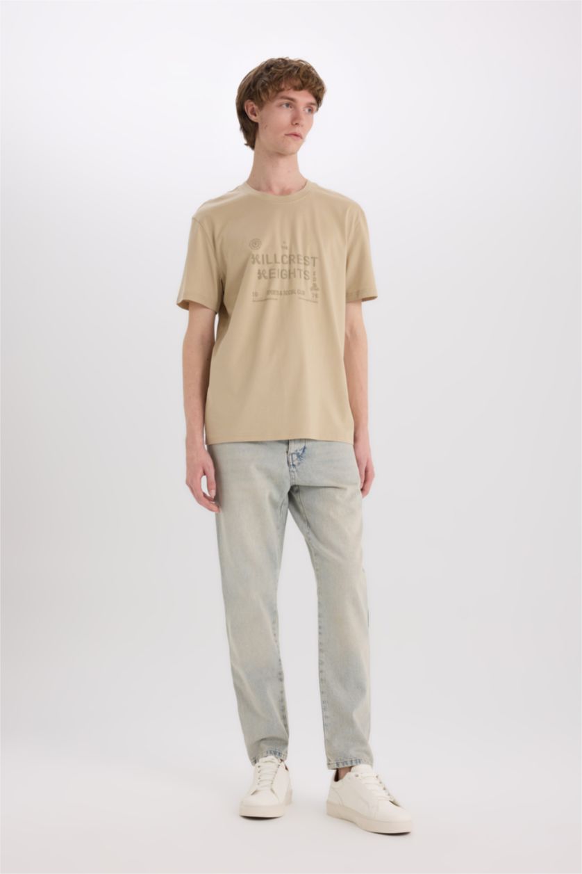 MAN Beige Cotton Regular Fit Crew Neck Printed T-Shirt