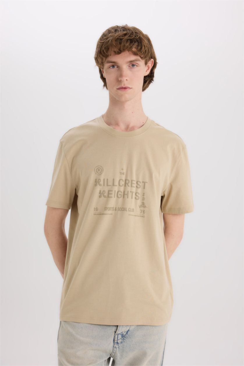 MAN Beige Cotton Regular Fit Crew Neck Printed T-Shirt