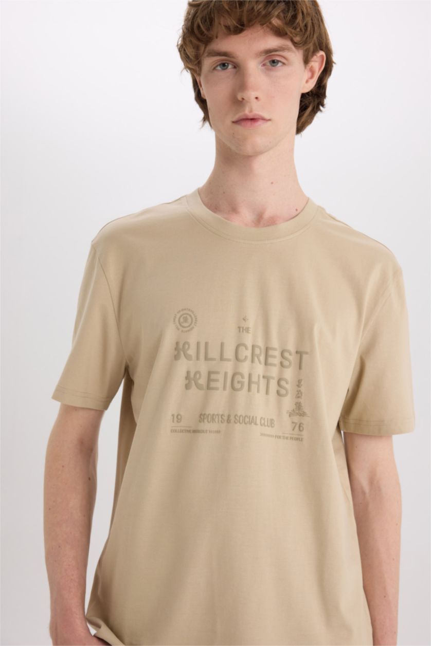 MAN Beige Cotton Regular Fit Crew Neck Printed T-Shirt