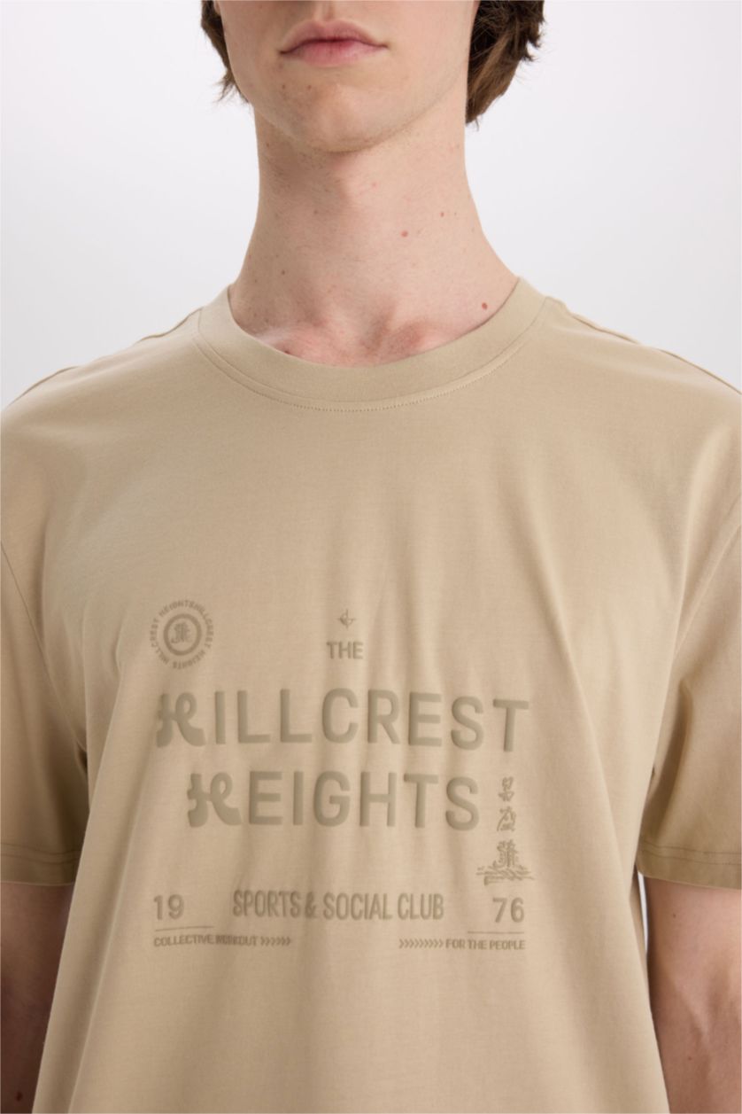 MAN Beige Cotton Regular Fit Crew Neck Printed T-Shirt