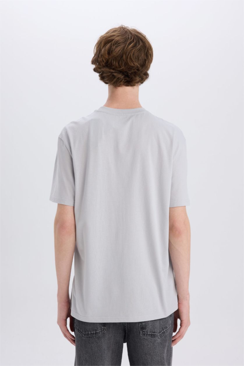 رجالي رمادي فاتح تيشيرت قطن قصة عادية مطبوع برقبة مستديرة