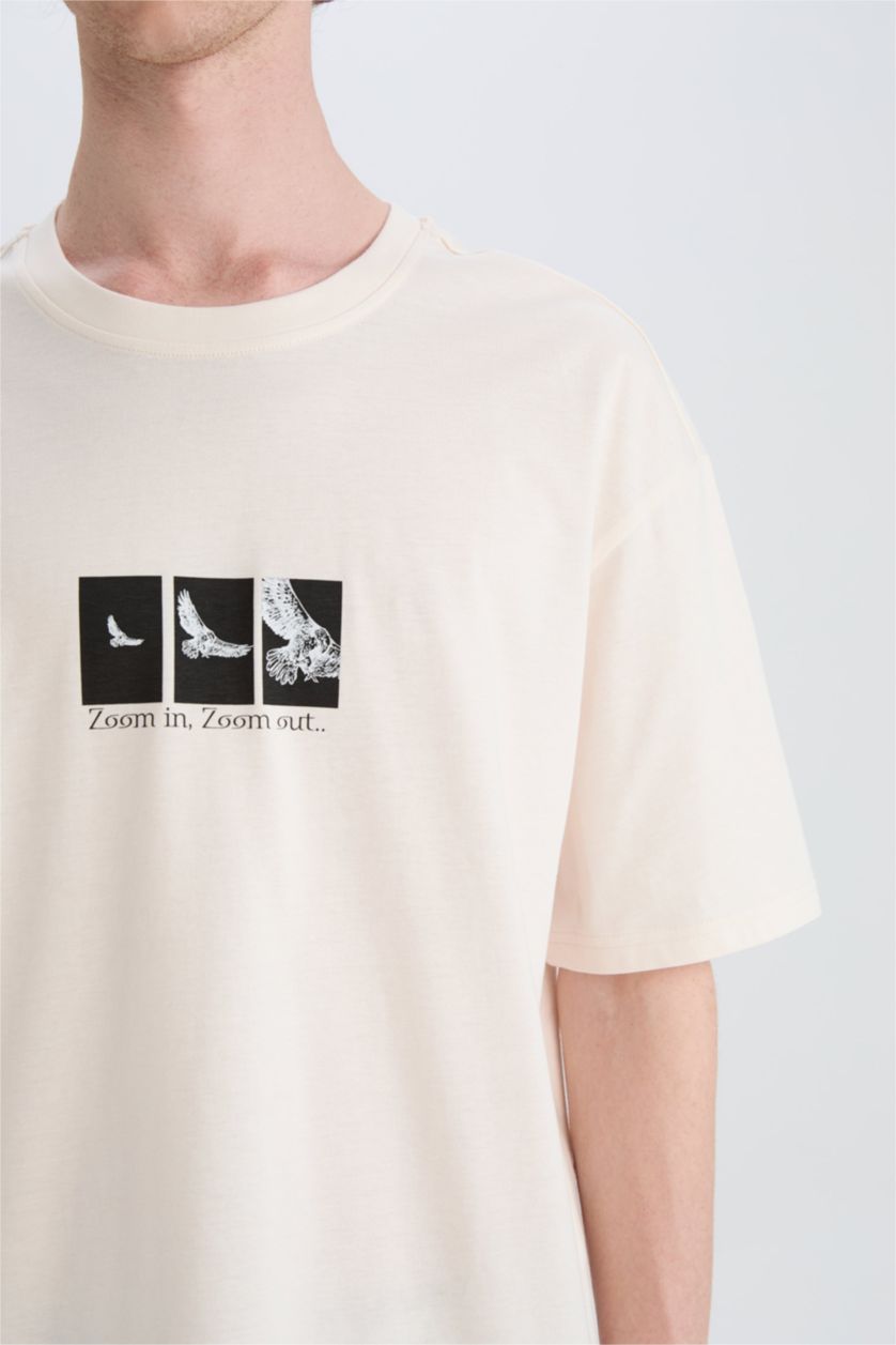 Man Ecru Cotton Boxy Fit Crew Neck Printed T-Shirt