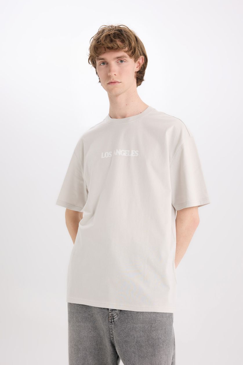 رجال رمادي فاتح تيشيرت قطن نص ردن اوفر سايز بياخة مستديرة