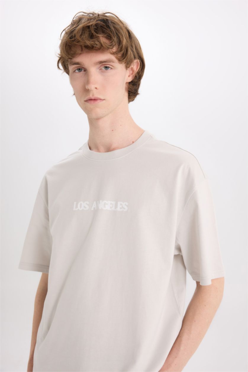 رجال رمادي فاتح تيشيرت قطن نص ردن اوفر سايز بياخة مستديرة