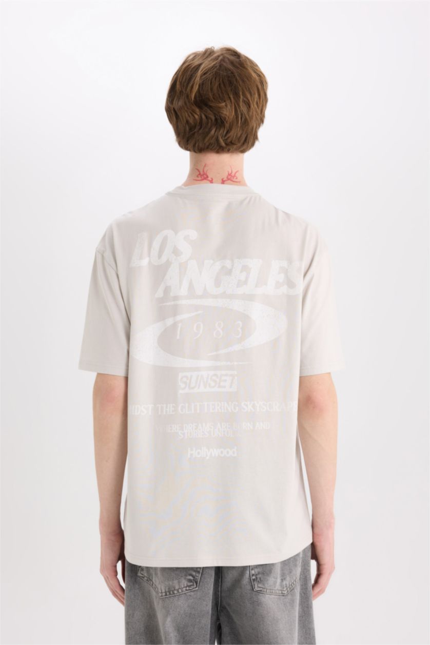 رجال رمادي فاتح تيشيرت قطن نص ردن اوفر سايز بياخة مستديرة