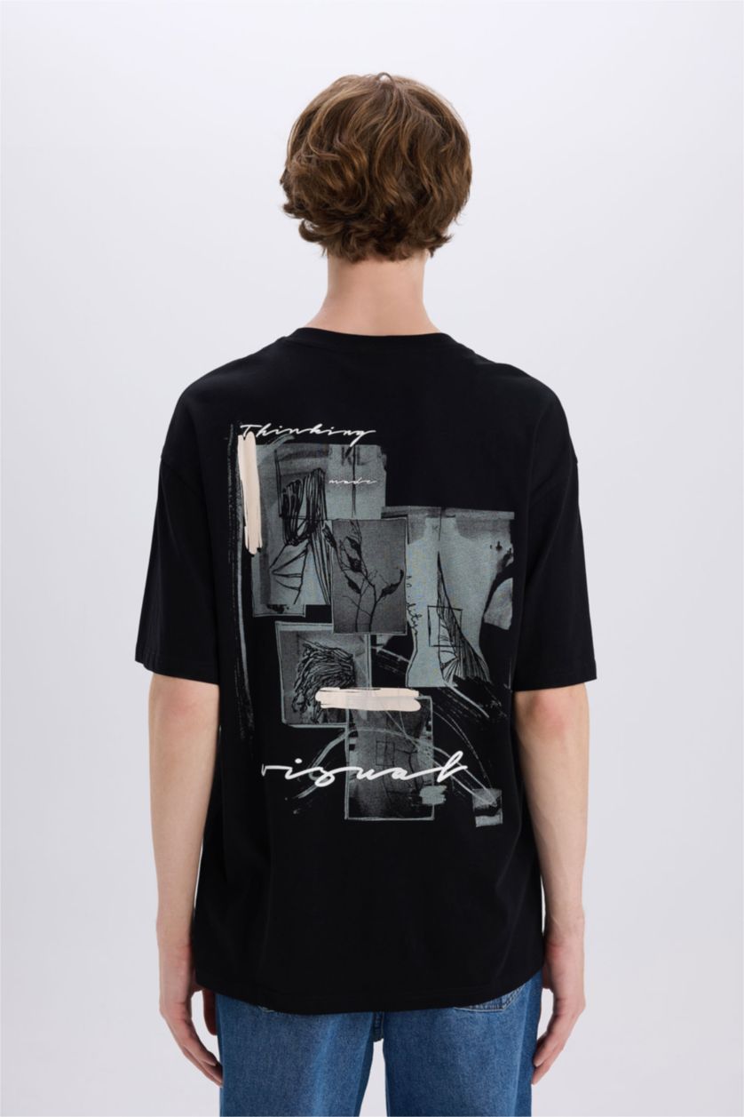 MAN Black Cotton Boxy Fit Crew Neck Printed T-shirt