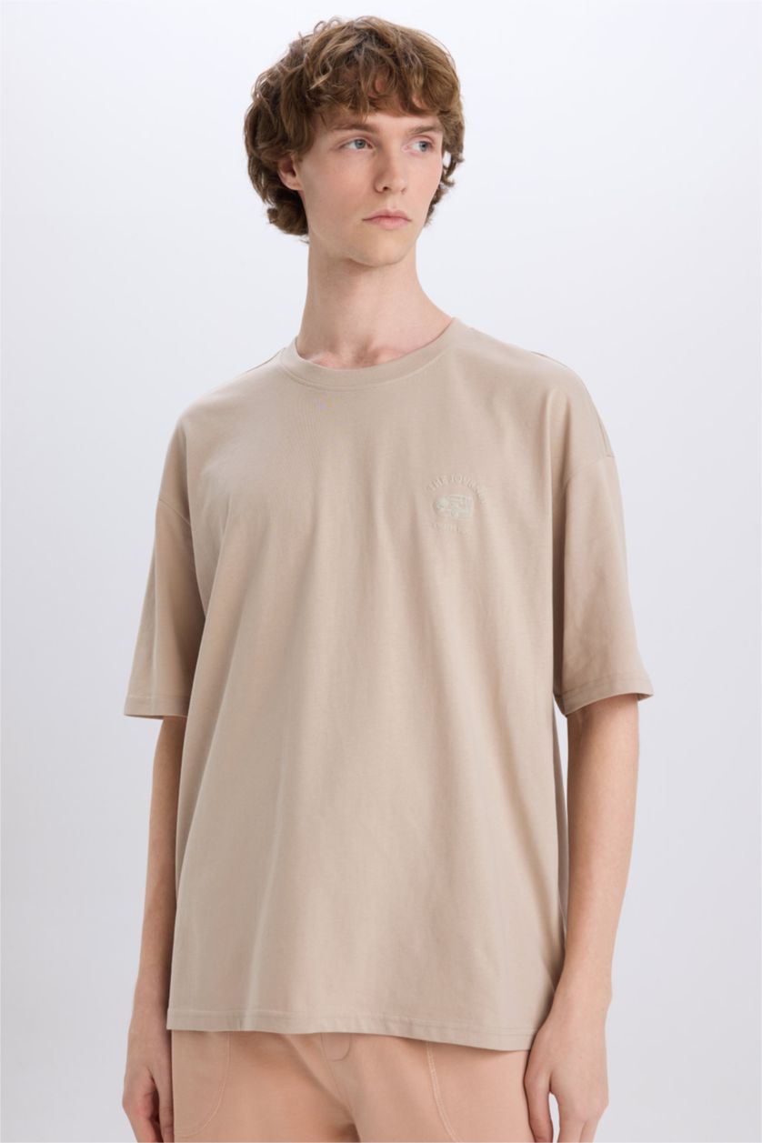 Erkek Taş %100 Pamuk Oversize Geniş Kalıp Bisiklet Yaka Sırt Baskılı Kısa Kollu Tişört