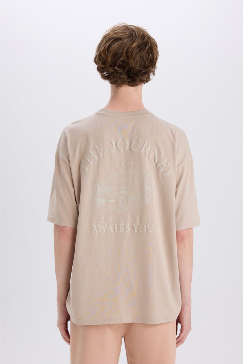 Erkek Taş %100 Pamuk Oversize Geniş Kalıp Bisiklet Yaka Sırt Baskılı Kısa Kollu Tişört