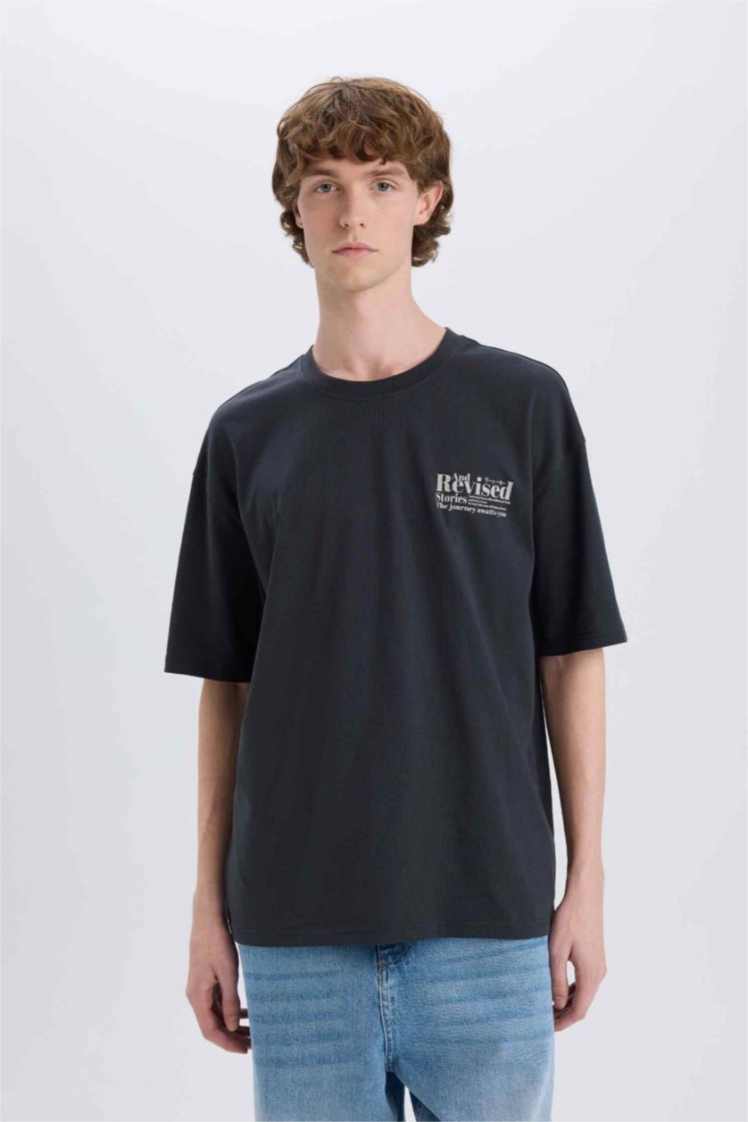 Erkek Antrasit %100 Pamuk Oversize Geniş Kalıp Bisiklet Yaka Sırt Baskılı Kısa Kollu Tişört