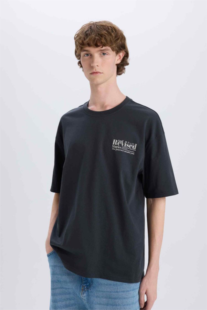 Erkek Antrasit %100 Pamuk Oversize Geniş Kalıp Bisiklet Yaka Sırt Baskılı Kısa Kollu Tişört