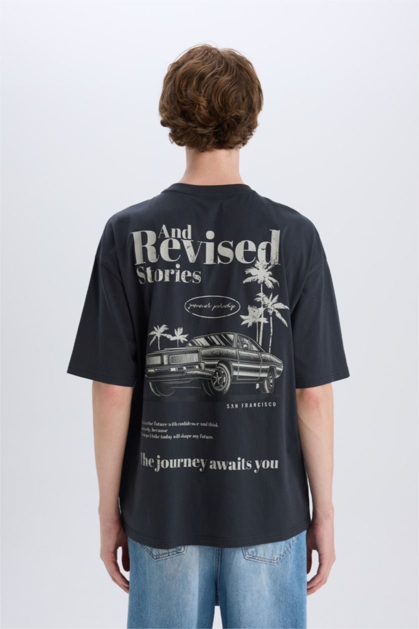 Erkek Antrasit %100 Pamuk Oversize Geniş Kalıp Bisiklet Yaka Sırt Baskılı Kısa Kollu Tişört