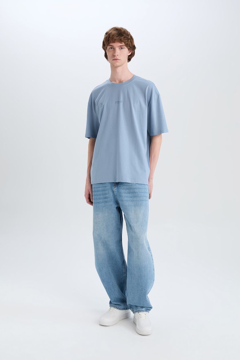 HOMME Bleu T-shirt oversize en coton imprimé à col rond