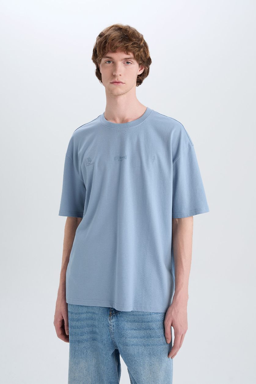 HOMME Bleu T-shirt oversize en coton imprimé à col rond