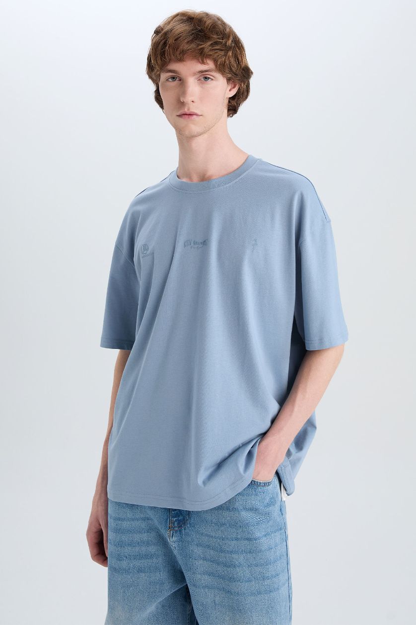 HOMME Bleu T-shirt oversize en coton imprimé à col rond