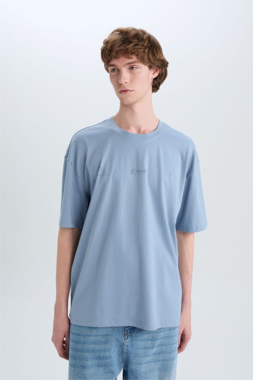 HOMME Bleu T-shirt oversize en coton imprimé à col rond