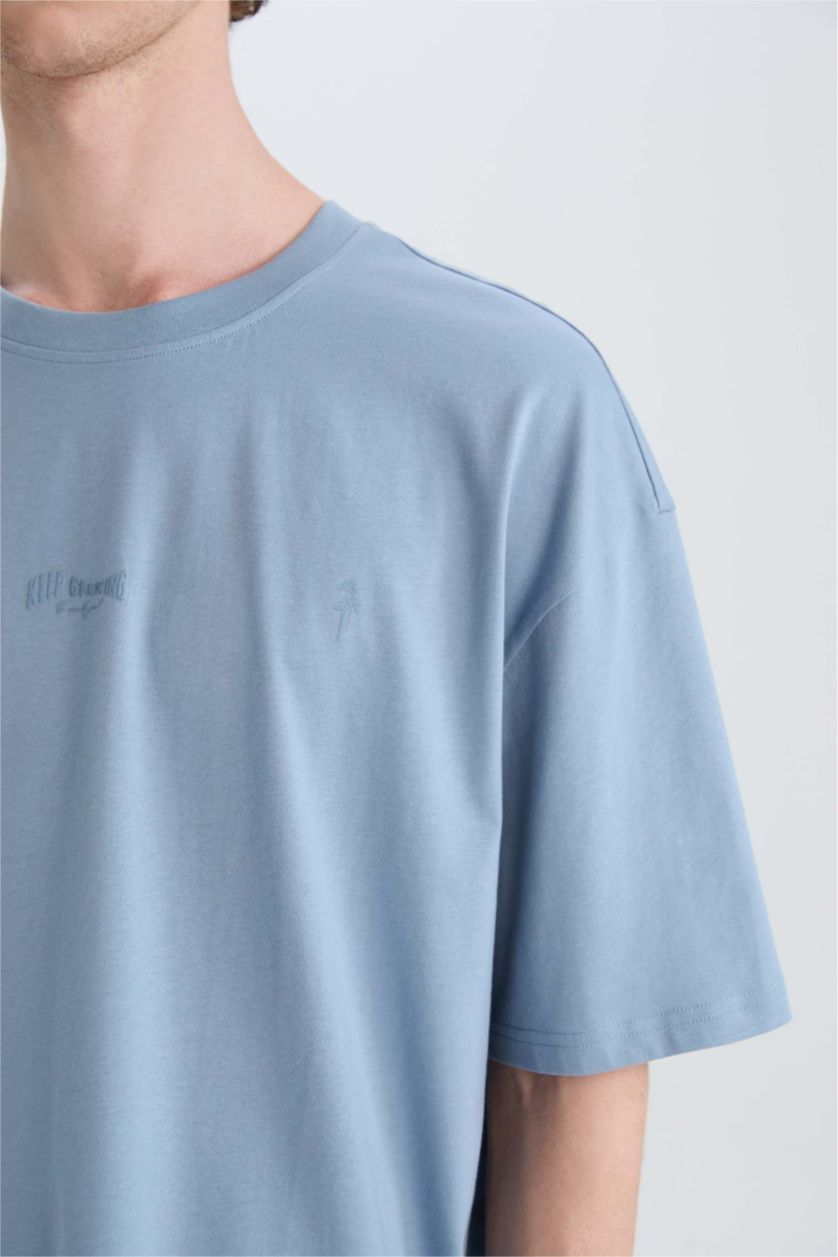 HOMME Bleu T-shirt oversize en coton imprimé à col rond