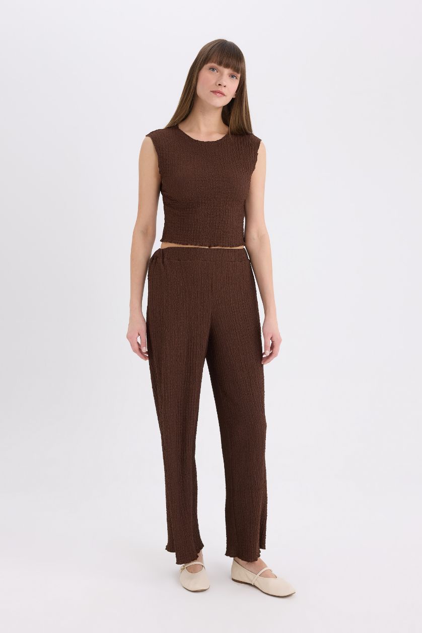 نساء بني ديباردور من قماش وافل قصة عادية برقبة مستديرة