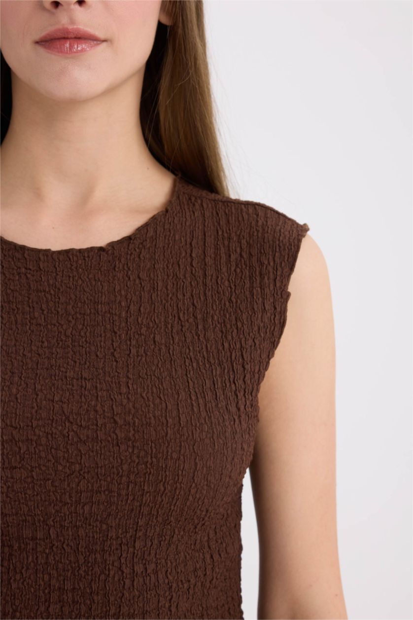 نساء بني ديباردور من قماش وافل قصة عادية برقبة مستديرة