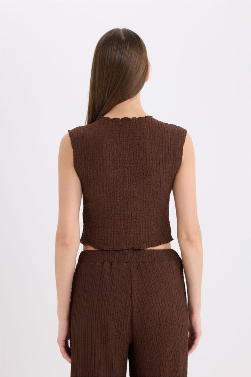 نساء بني ديباردور من قماش وافل قصة عادية برقبة مستديرة